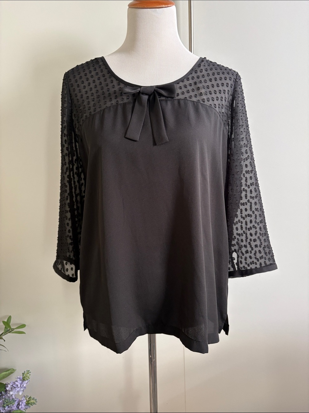 Black Sheer Dot Tie-Neck Women's Top 1
